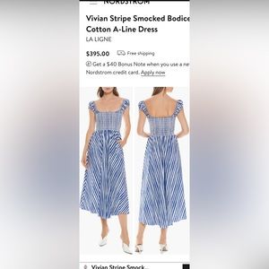 LA LIGNE- Vivian Stripe Smocked Bodice Cotton A-Line Dress Size L